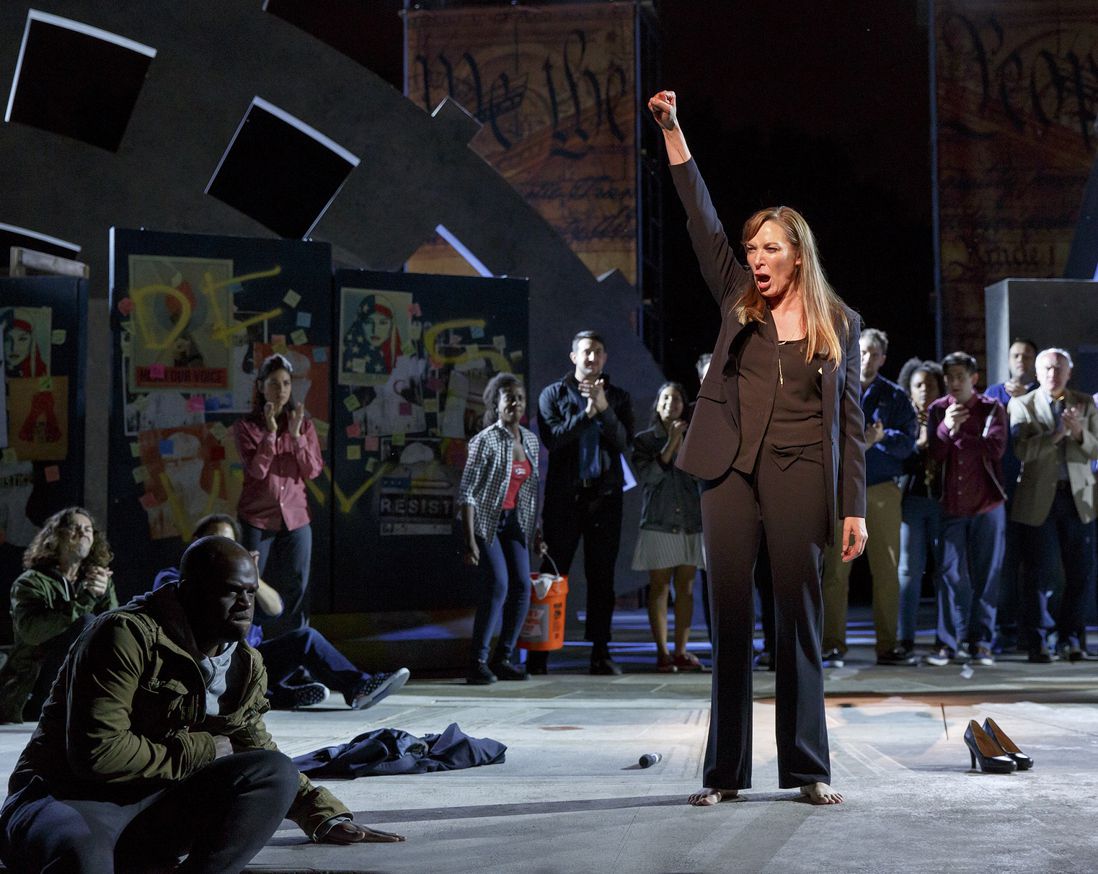 Elizabeth Marvel (center) and the company in The Public Theater’s Free Shakespeare in the Park production of Julius Caesar<br>